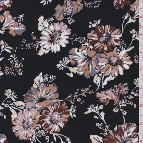 *3 1/4 YD PC--Black/Brown Floral Challis