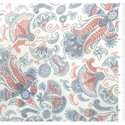 White Paisley Print Crinkled Silk Chiffon