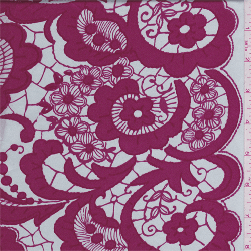 Silver Gray/Fuschia Lace Print Silk Charmeuse