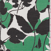 White/Green Leaf Print Silk Voile