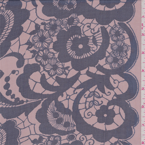 Brown/Blue Floral Lace Print Silk Chiffon