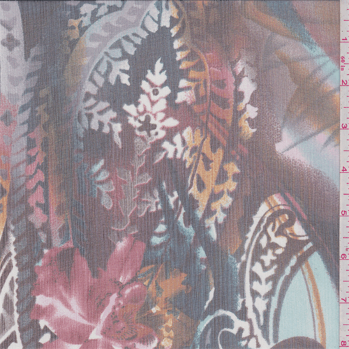 Teal Blue Multi Paisley Crinkled Silk Chiffon