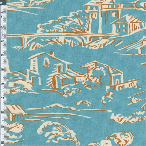 Aqua Blue Village Toile Print Home Decor Cotton 55666