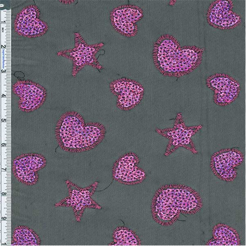 Pink/Black Hearts and Stars Sequin on Mesh 57356