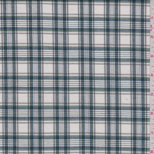 White/Green Plaid Stretch Shirting
