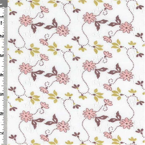 *3 1/4 YD PC--White/Pink Floral Print Embroidered Eyelet