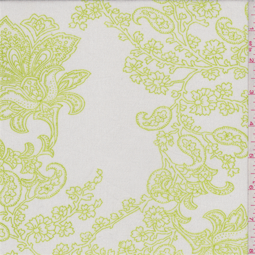 White/Lime Paisley Print Rayon Crepon