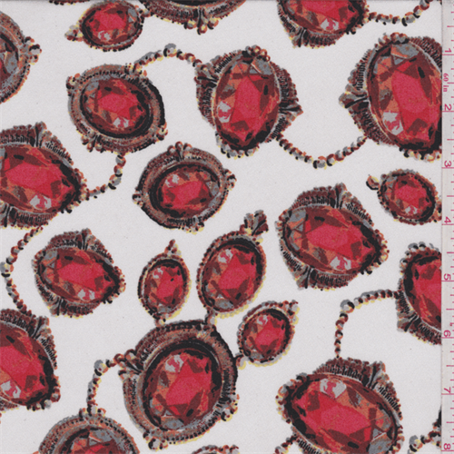 White/Coral Red Jewel Print Crepe de Chine