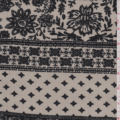 Natural/Black Floral Stripe Rayon Crepon