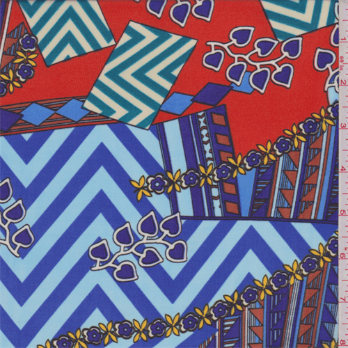 Blue/Red Multi Chevron Patchwork Polyester Chiffon