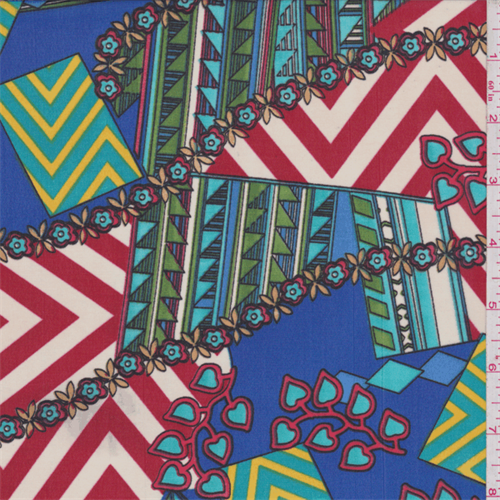 Royal/Red Multi Chevron Patchwork Polyester Chiffon