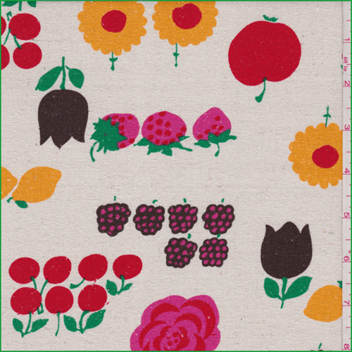 Ivory/Red/Pink Fruit Floral Silk Noile
