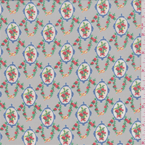 Soft Grey Oval Floral Frame Print Chiffon