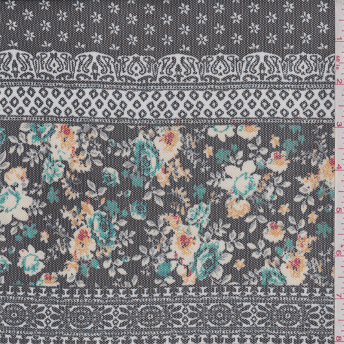 Black/White/Teal Floral Stripe Stretch Mesh