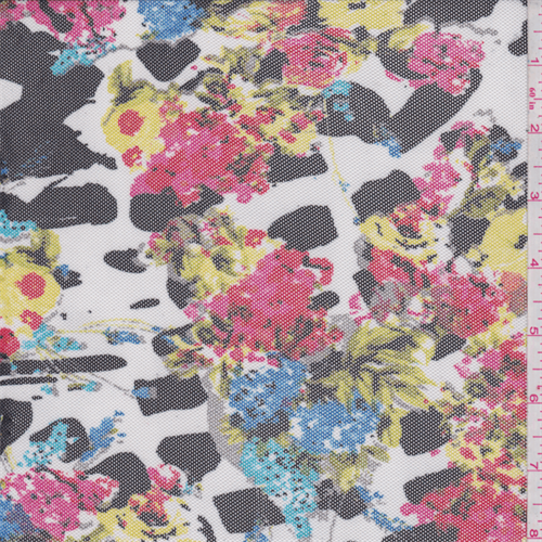 White Multi Animal Print Floral Stretch Mesh