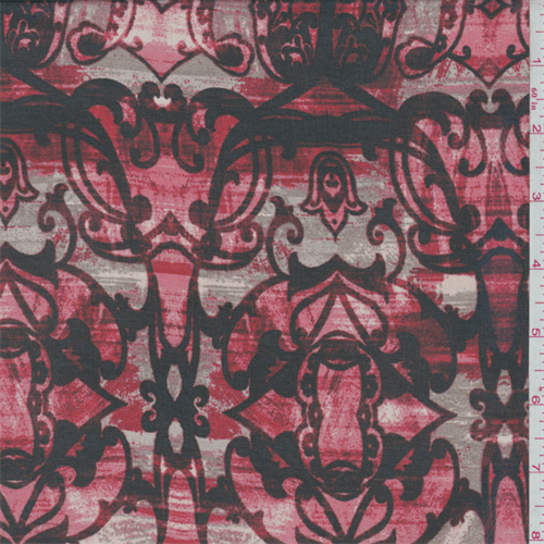 Taupe/Coral Red Baroque Print Chiffon