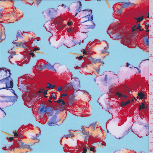 Turquoise/Red Large Floral Print Dobby Crepe
