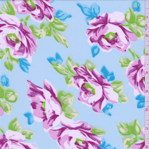 Soft Blue/Magenta Floral Print Dobby Crepe