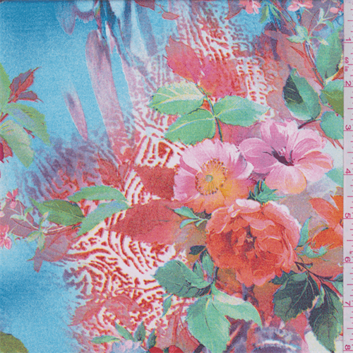 Aqua/Pink/Orange Multi Floral Digital Print Dobby Crepe