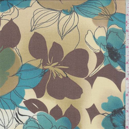 Brown/Aqua/Yellow Large Floral Silk Chiffon