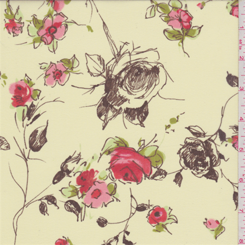 Butter Yellow Sketch Floral Print Silk Chiffon