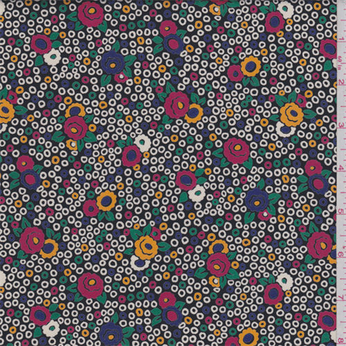 *3 YD PC--Black Multi Floral Circle Cotton Shirting