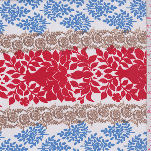 White/Blue/Red Botanical Stripe Crepe de Chine