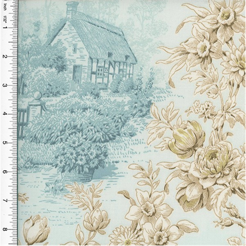 Designer Cotton Beige/Blue Floral Toile Print Home Decorating Fabric DFW51212
