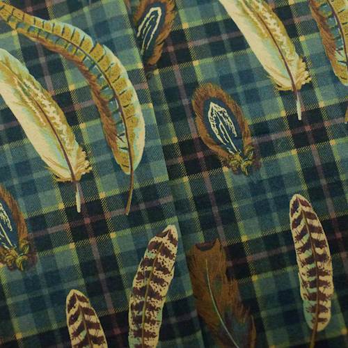 Designer Fabric Beige Gold Navy Plaid Cotton Drapery Upholstery