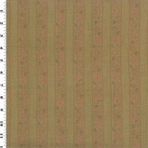 Vintage Linen Brown Floral Stripe Print Decorating Fabric