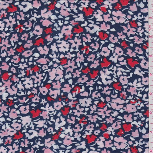 *3 YD PC--Navy/Coral Floral Field Rayon Jersey Knit