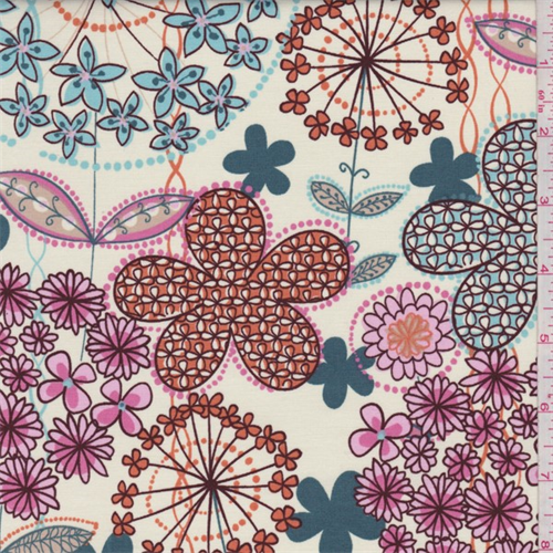Ecru/Turquoise Whimsy Floral Print Stretch Poplin