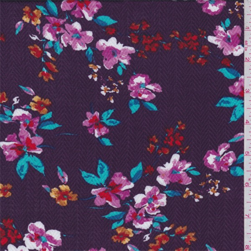 Magenta Herringbone Floral Rayon Challis
