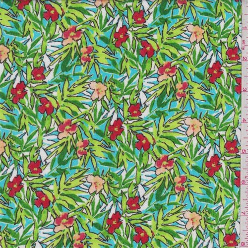 Turquoise Tropical Floral Print Rayon Crepon