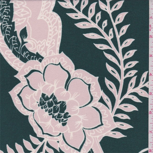 *2 3/4 YD PC--Emerald/Beige Floral Rayon Crepe
