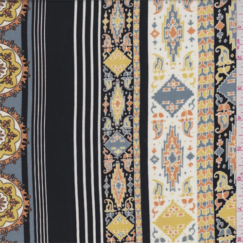 *2 3/4 YD PC--Black/Clay Decorative Stripe Rayon Challis