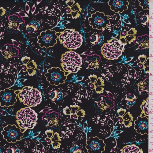 *2 7/8 YD PC--Black Multi Floral Herringbone Rayon Challis
