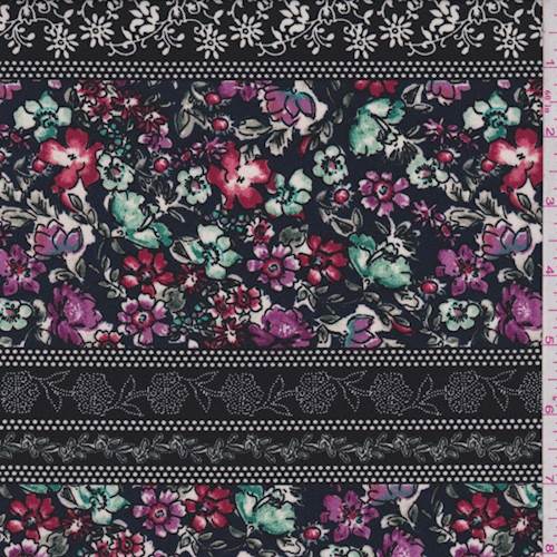 Black Multi Floral Wallpaper Stripe Crepe de Chine