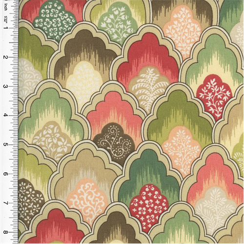 *4 YD PC - Designer Cotton Pink/Green Scallop Print Home Decorating Fabric