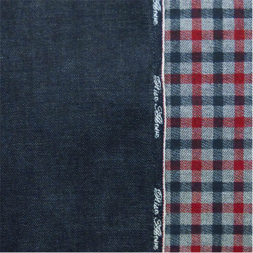 Navy Japanese Selvedge Denim w/ Red Printed Plaid Back 66639