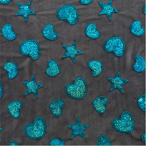 Black/Aqua Blue Heart Star Sequin Stretch Mesh 67666