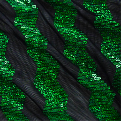 Black/Emerald Green Sequin Stripe Chevron Stretch Mesh 67691
