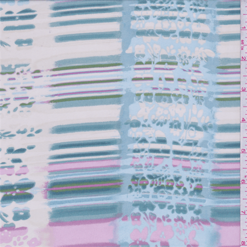 *3 1/4 YD PC--Ivory/Teal Muted Floral Stripe Polyester Chiffon