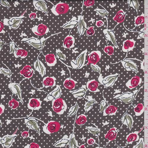 *2 7/8 YD PC--Medium Brown Floral Dot Rayon Challis