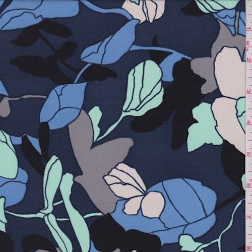 Slate Blue Modern Floral Silk Crepe de Chine