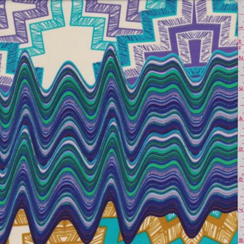 Ecru/Turquoise/Purple Abstract Crepe de Chine