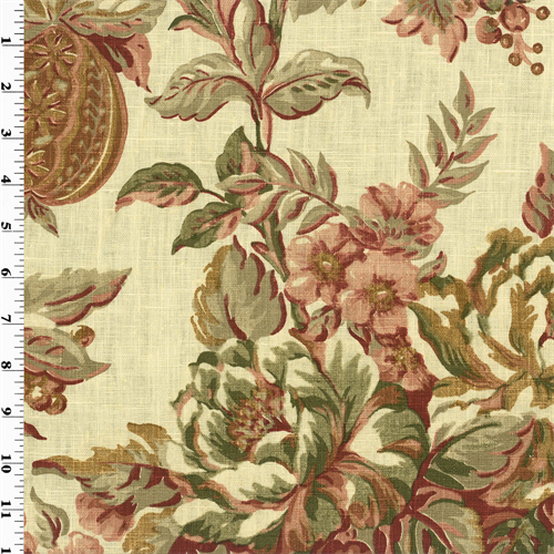 *5 YD PC--Red/Green Printed Floral Vintage Linen Home Decorating Fabric
