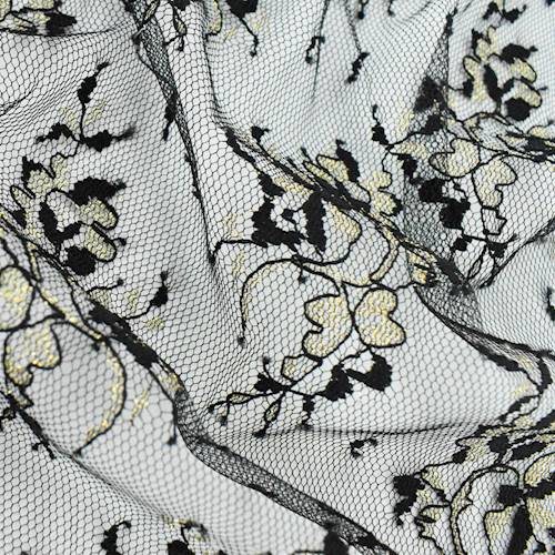 Black/Metallic Gold Floral Lace Mesh 75754