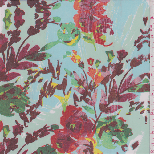*3 1/4 YD PC--Mint Blue/Burgundy Multi Brushstroke Floral Chiffon
