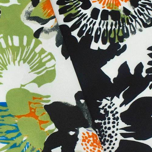 Black/Orange/Multi Floral Print Crepe Faille 76504